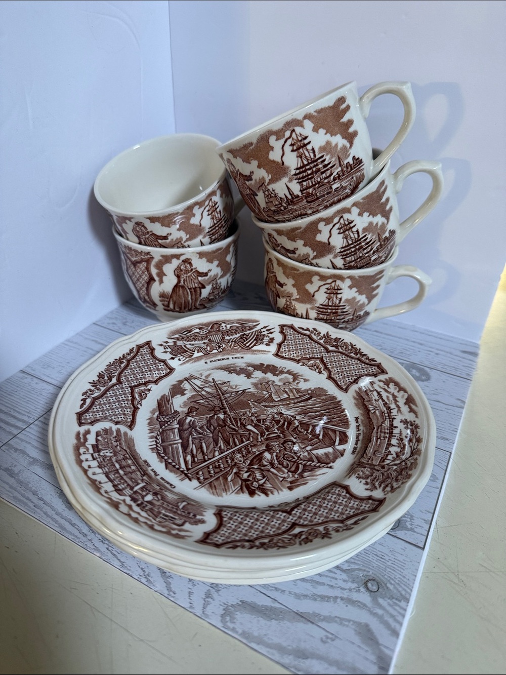 Classic Brown Transferware Tea Cup and Plate Set by Alfred Meakin. Set of 5